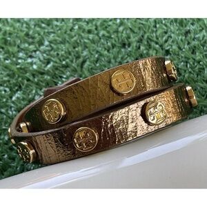 Tory Burch Miller Double Wrap Metallic Bronze Gold Stud Leather Bracelet 7”